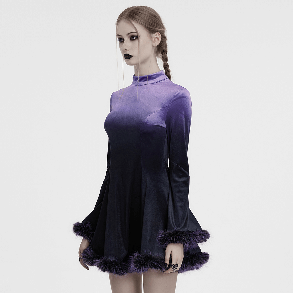Purple Gothic Velvet Dress with Gradient Fur Trim - image 8