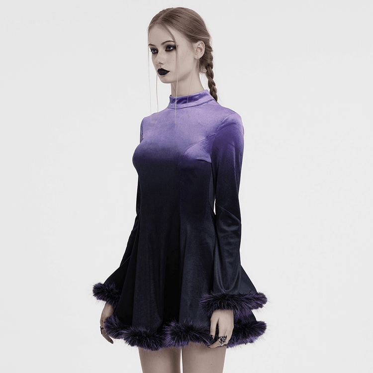 Purple Gothic Velvet Dress with Gradient Fur Trim - image 8