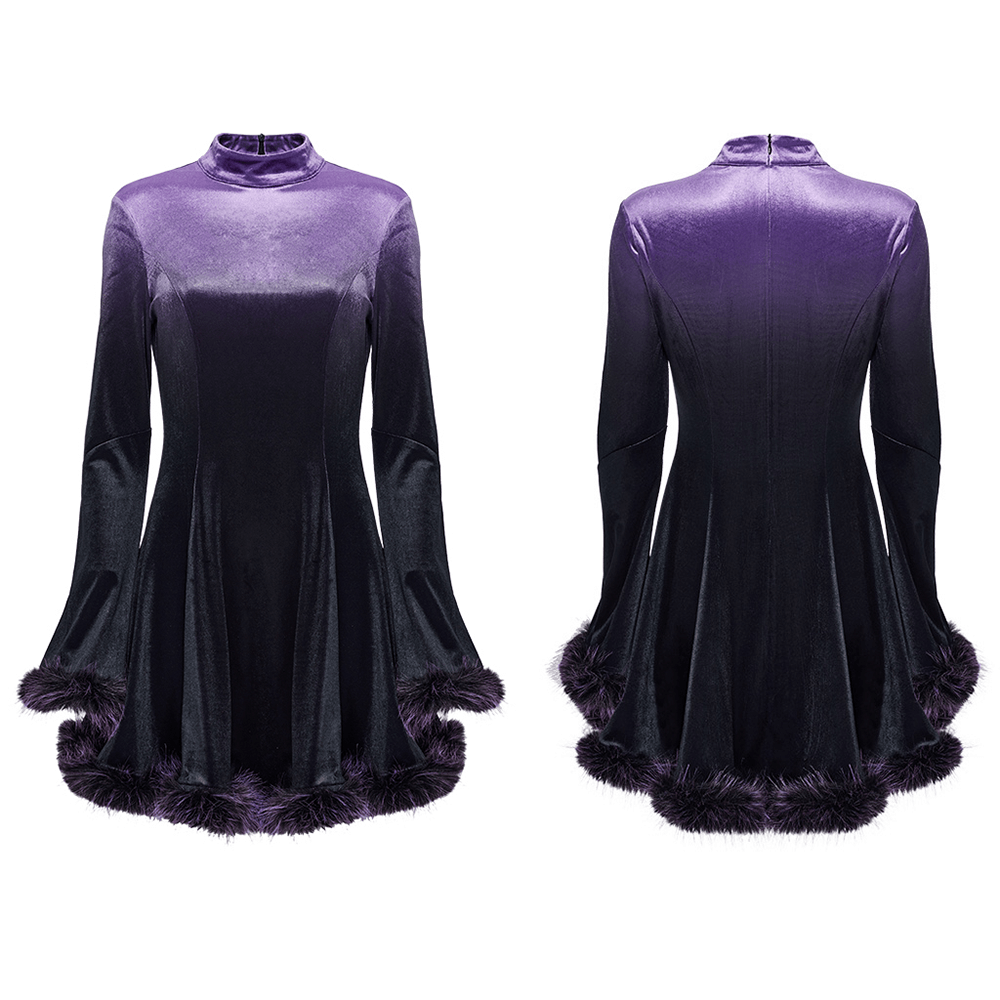 Purple Gothic Velvet Dress with Gradient Fur Trim - image 3