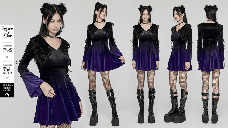 Purple Gradient Velvet Gothic Dress with Lace Details - image 14