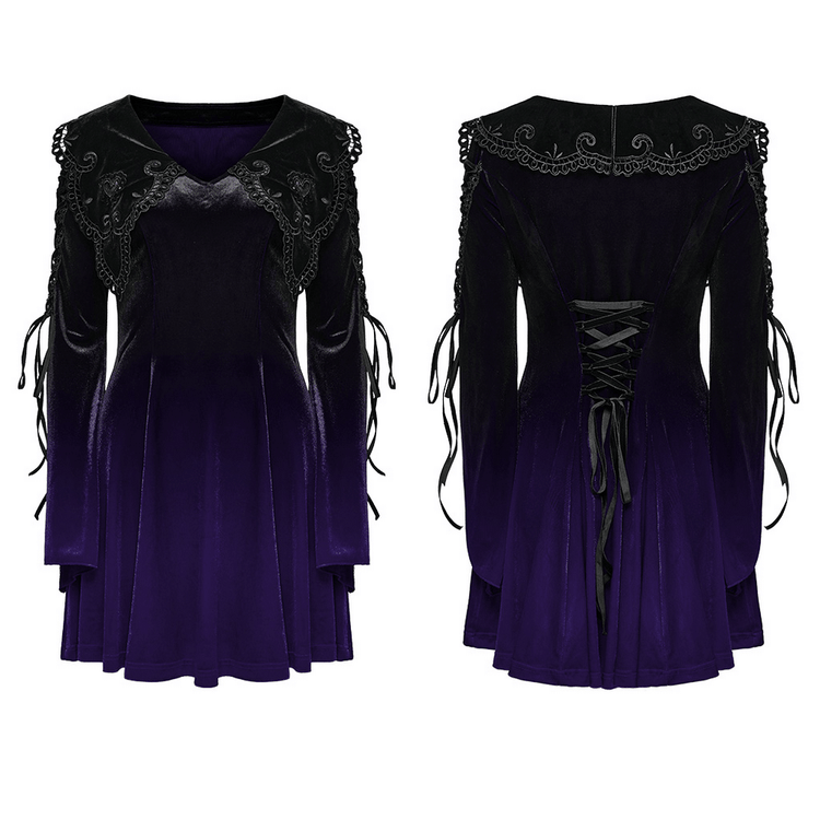Purple Gradient Velvet Gothic Dress with Lace Details - image 3