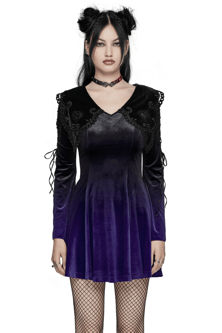 Purple Gradient Velvet Gothic Dress with Lace Details - image 1