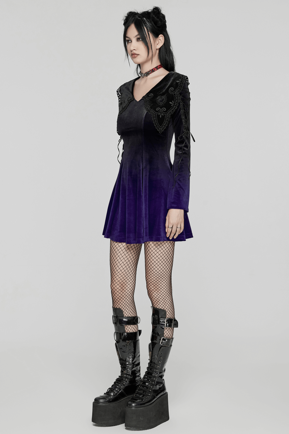 Purple Gradient Velvet Gothic Dress with Lace Details - image 12