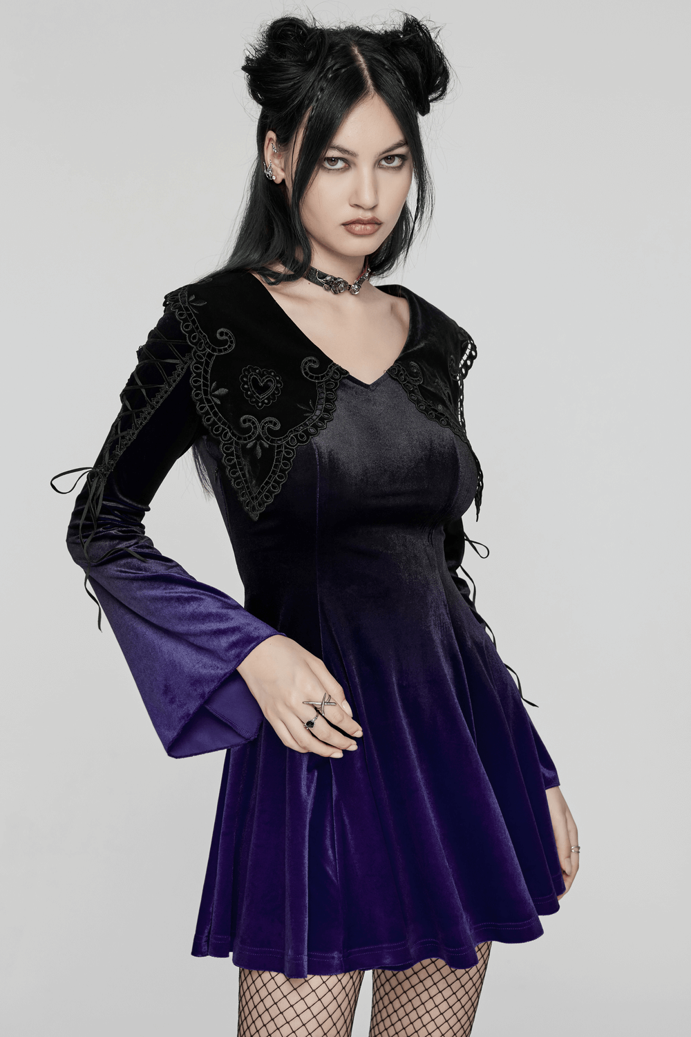 Purple Gradient Velvet Gothic Dress with Lace Details - image 11