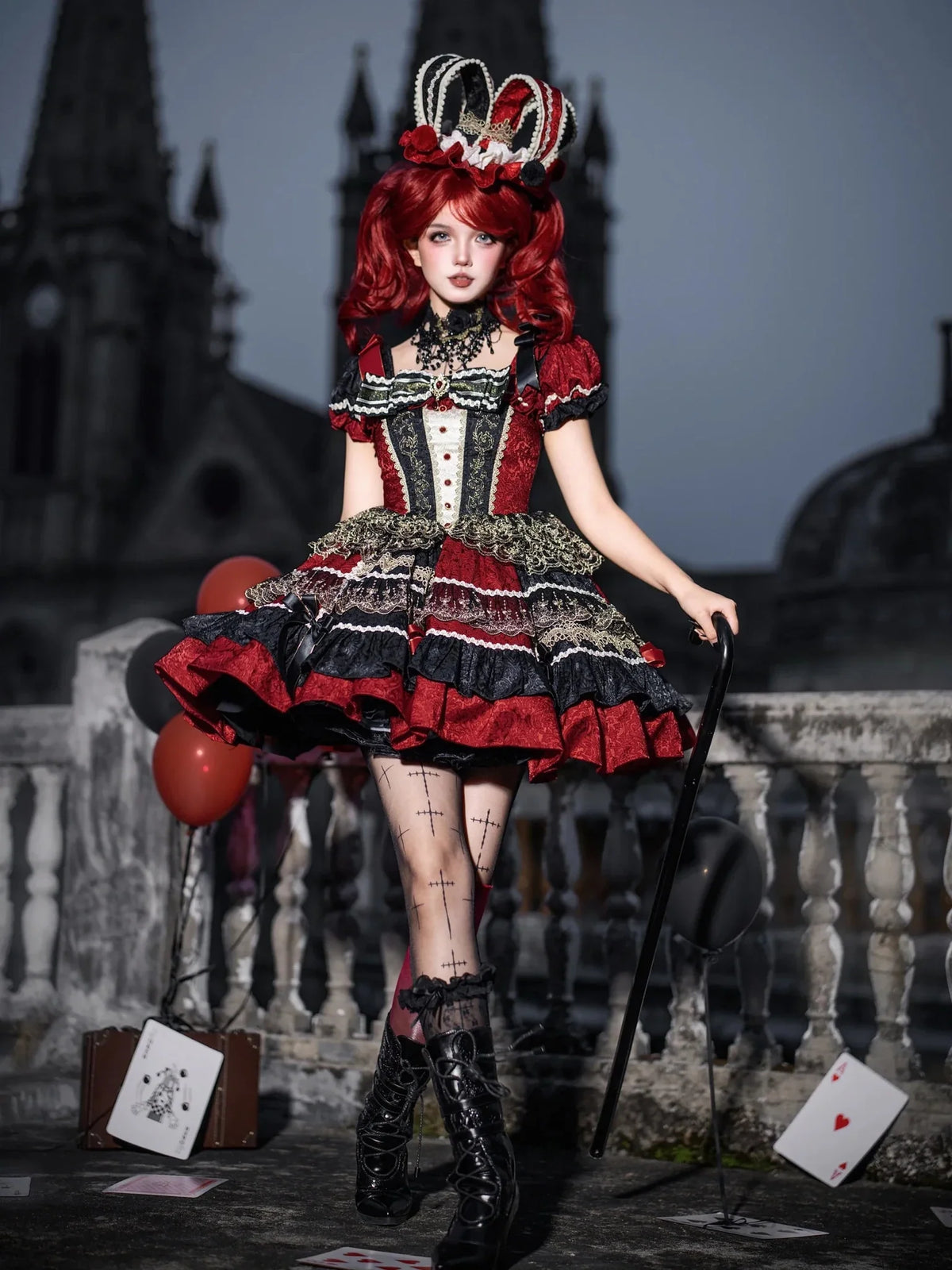 Queen of Hearts Gothic Lolita OP dress full outfit view