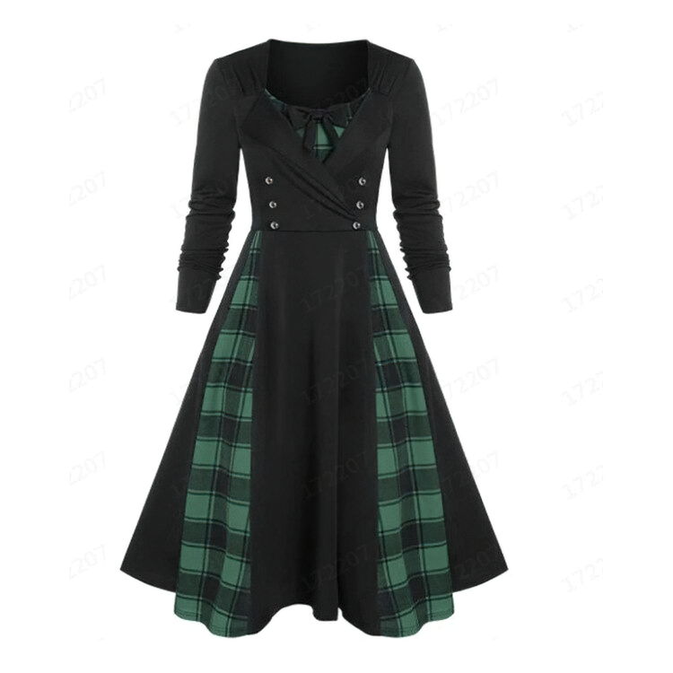 Red Plaid Dress for Women in Gothic Style / Retro Dress with Long Sleeves - image 2