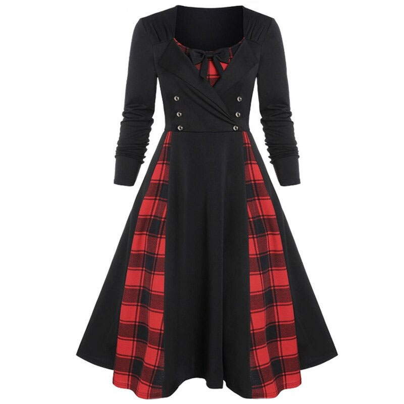 Red Plaid Dress for Women in Gothic Style / Retro Dress with Long Sleeves - image 3