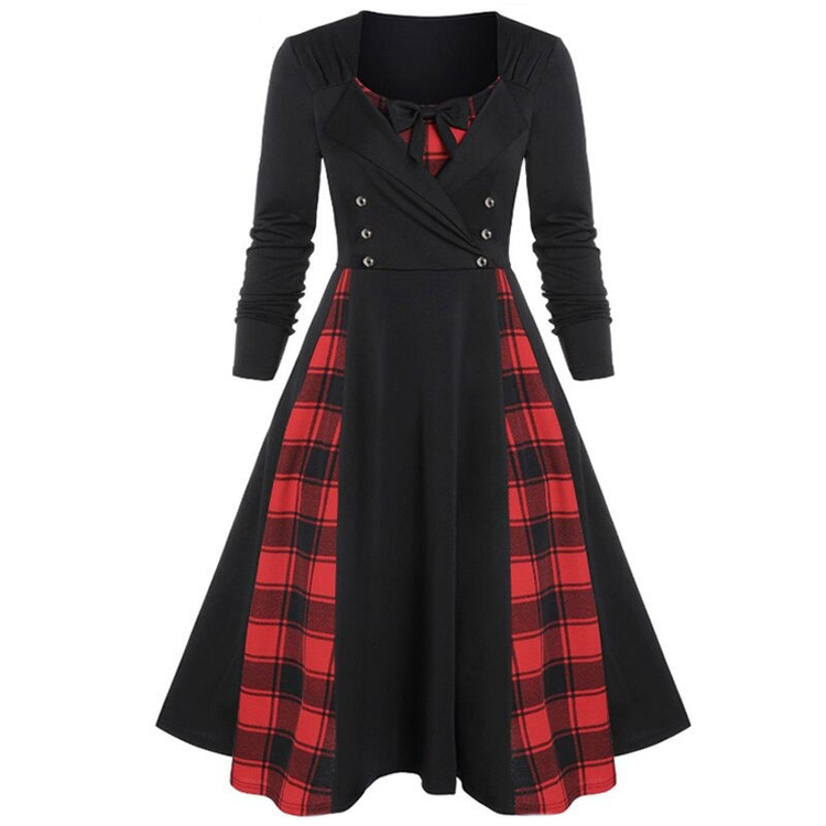Red Plaid Dress for Women in Gothic Style / Retro Dress with Long Sleeves - image 3