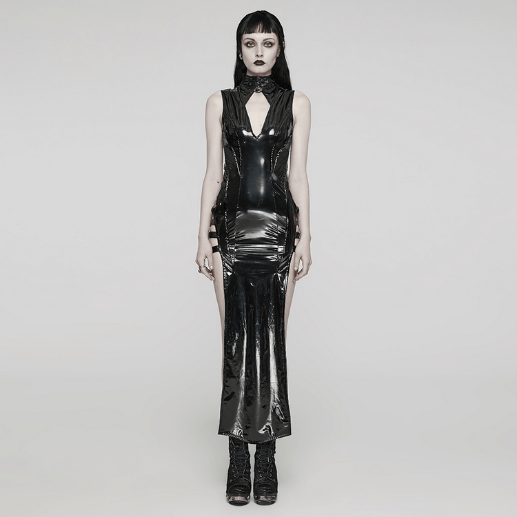 Sexy and Elegant Black Faux Leather Long Slit Dress - image 11