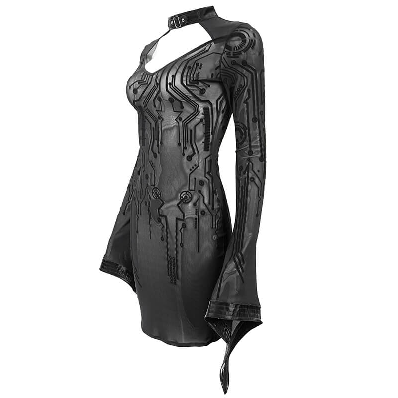 Sexy Black Transparent Women Midi Dress Slim Trumpet Sleeve / Cyberpunk Ladies Dresses - image 5