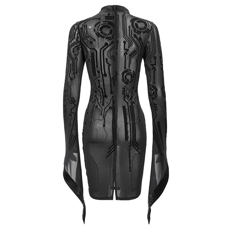 Sexy Black Transparent Women Midi Dress Slim Trumpet Sleeve / Cyberpunk Ladies Dresses - image 4