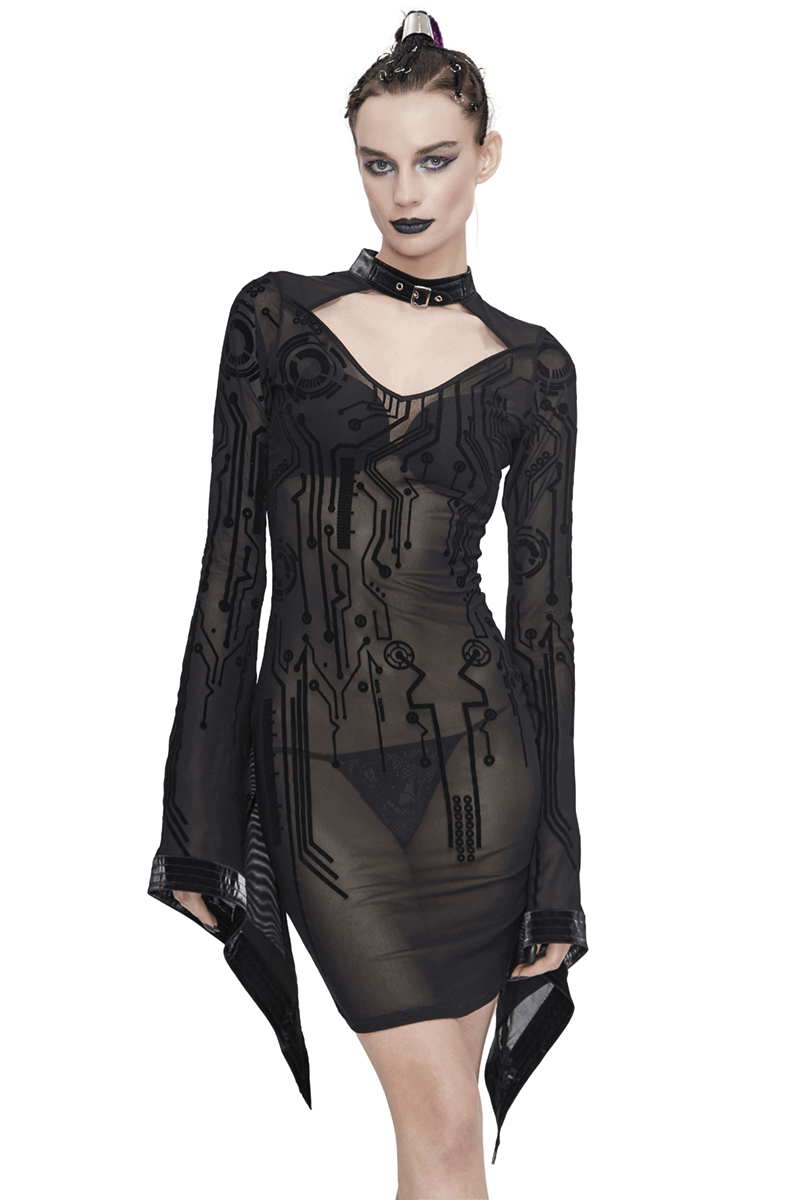 Sexy Black Transparent Women Midi Dress Slim Trumpet Sleeve / Cyberpunk Ladies Dresses - image 1