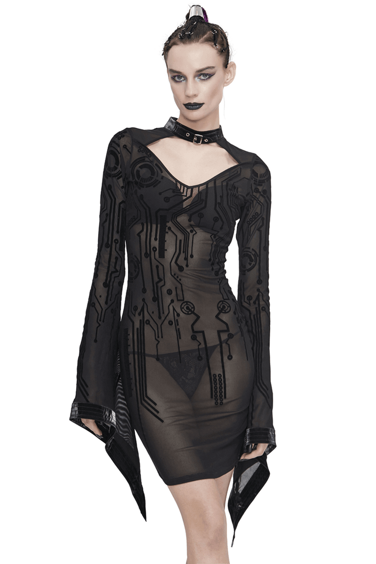 Sexy Black Transparent Women Midi Dress Slim Trumpet Sleeve / Cyberpunk Ladies Dresses - image 1