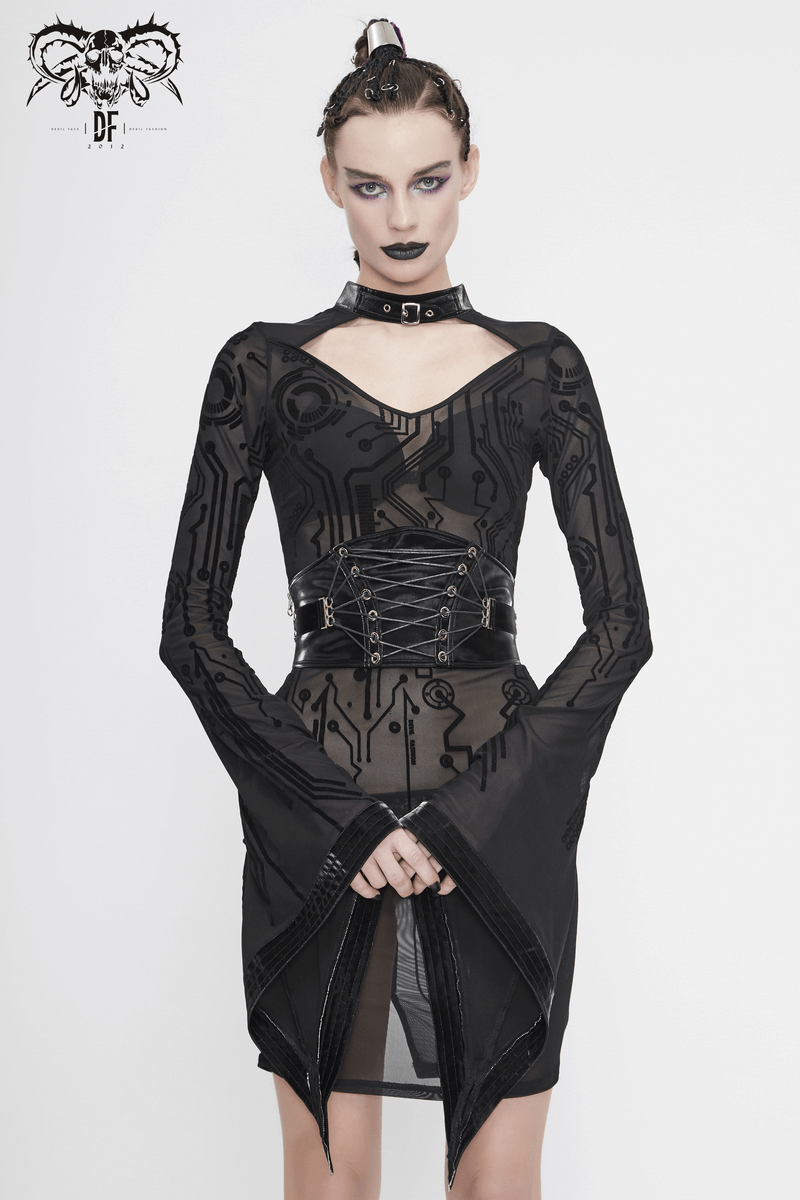 Sexy Black Transparent Women Midi Dress Slim Trumpet Sleeve / Cyberpunk Ladies Dresses - image 11