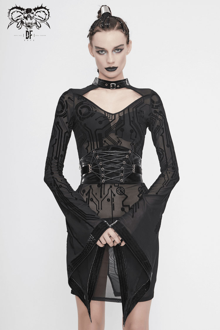 Sexy Black Transparent Women Midi Dress Slim Trumpet Sleeve / Cyberpunk Ladies Dresses - image 11