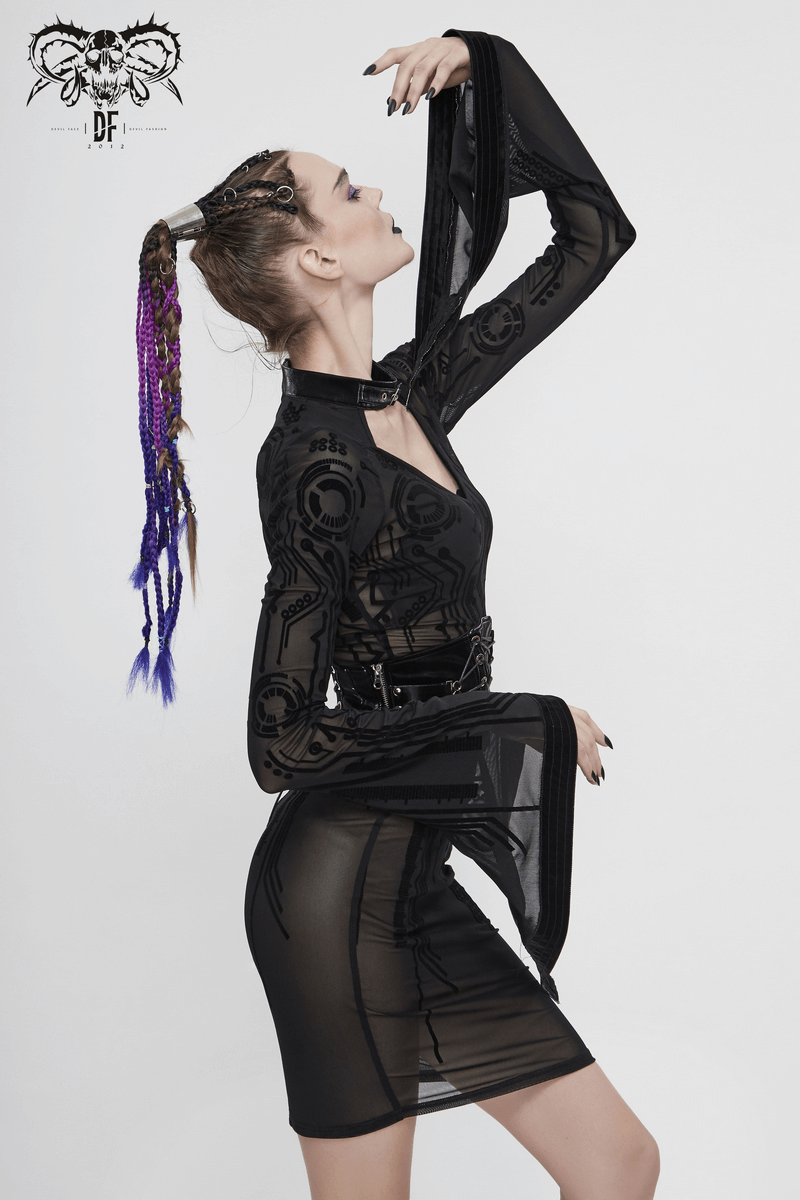 Sexy Black Transparent Women Midi Dress Slim Trumpet Sleeve / Cyberpunk Ladies Dresses - image 10