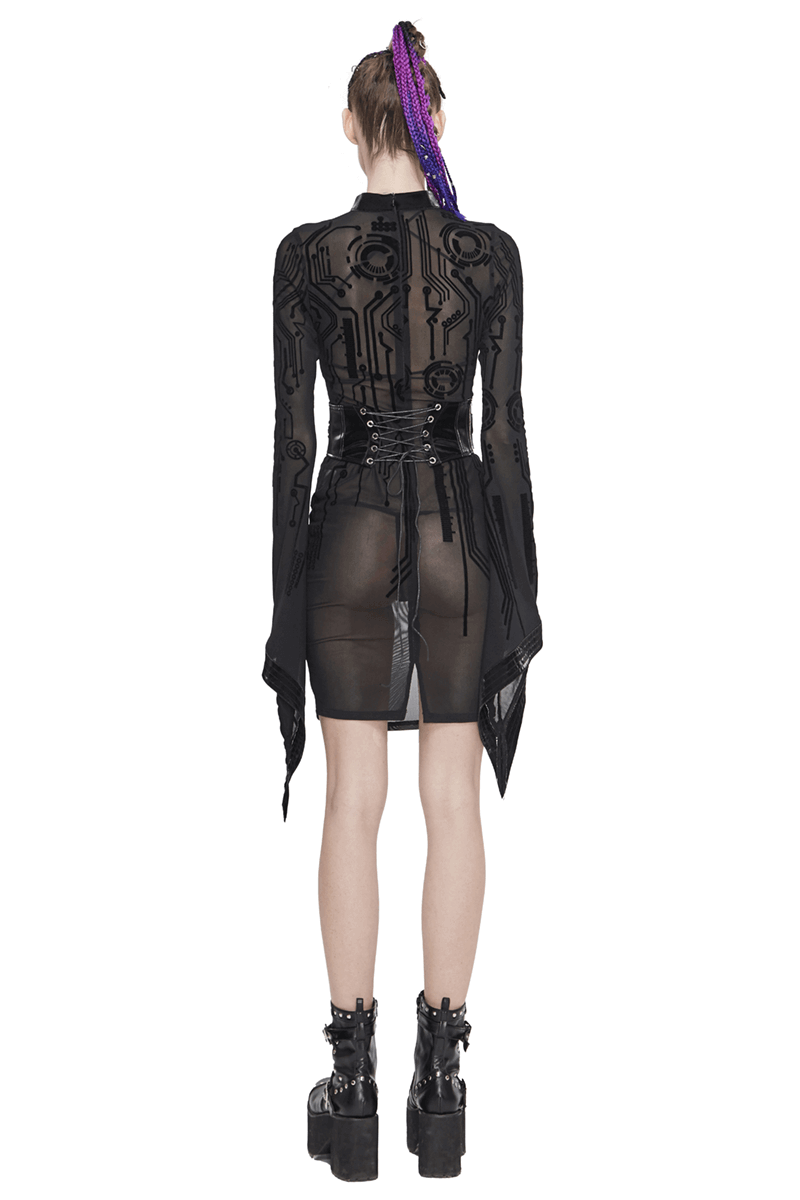 Sexy Black Transparent Women Midi Dress Slim Trumpet Sleeve / Cyberpunk Ladies Dresses - image 2