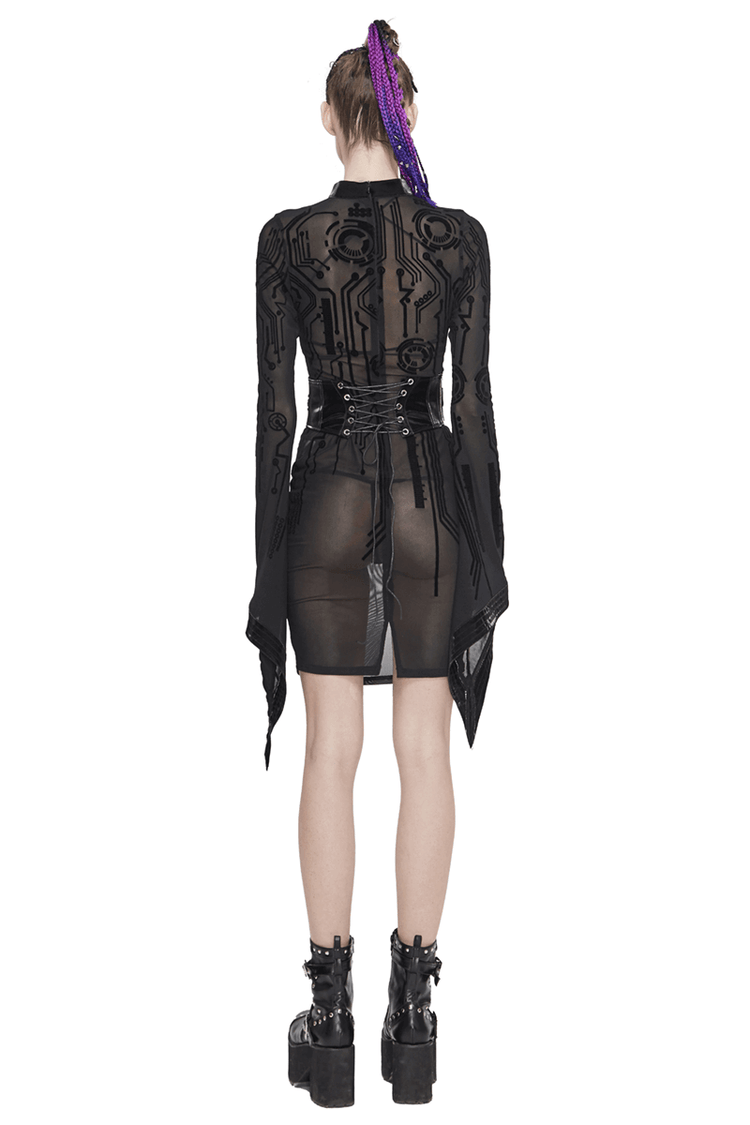 Sexy Black Transparent Women Midi Dress Slim Trumpet Sleeve / Cyberpunk Ladies Dresses - image 2
