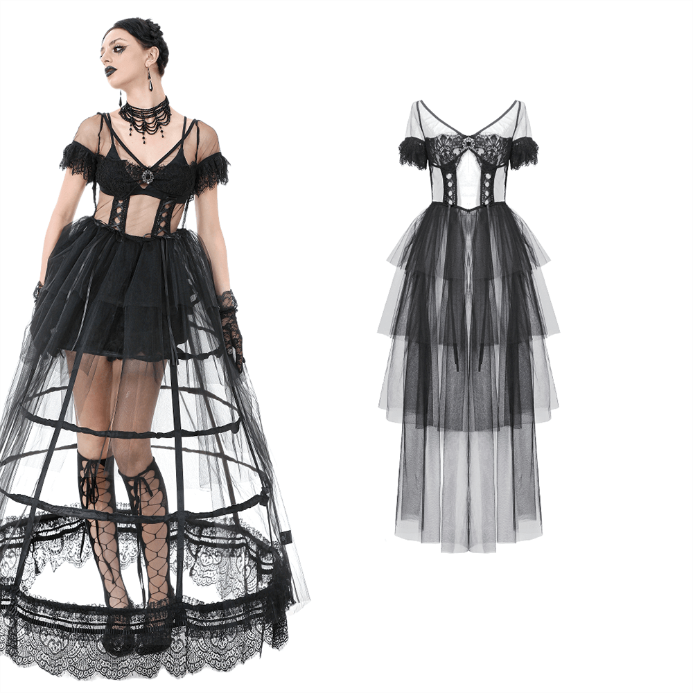 Sexy Black Tulle Gothic Dress with Lace Details and Layers - image 3
