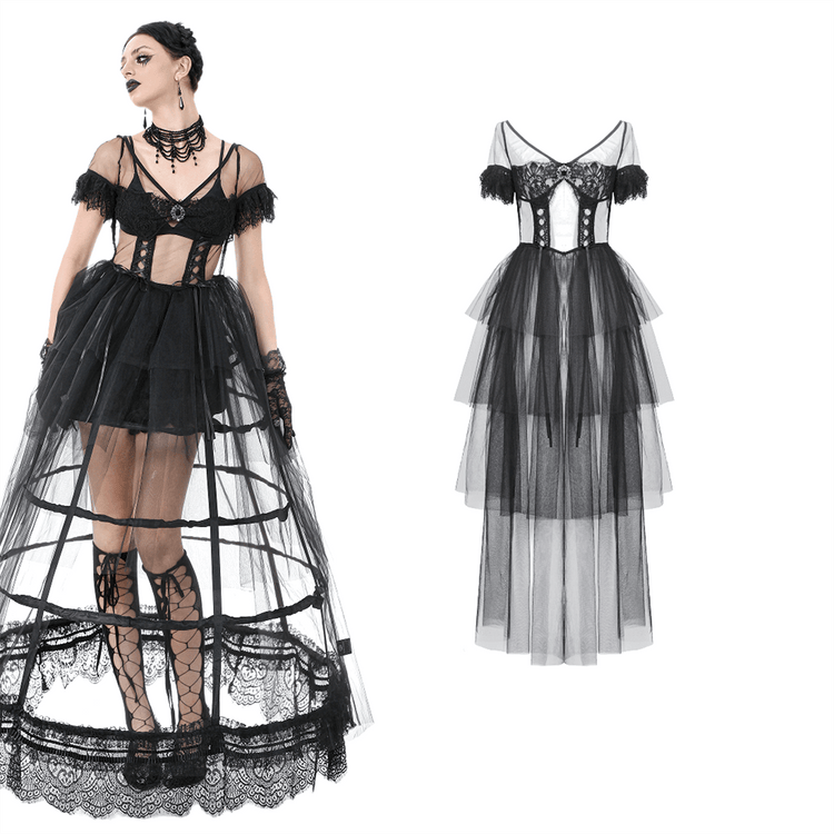 Sexy Black Tulle Gothic Dress with Lace Details and Layers - image 3