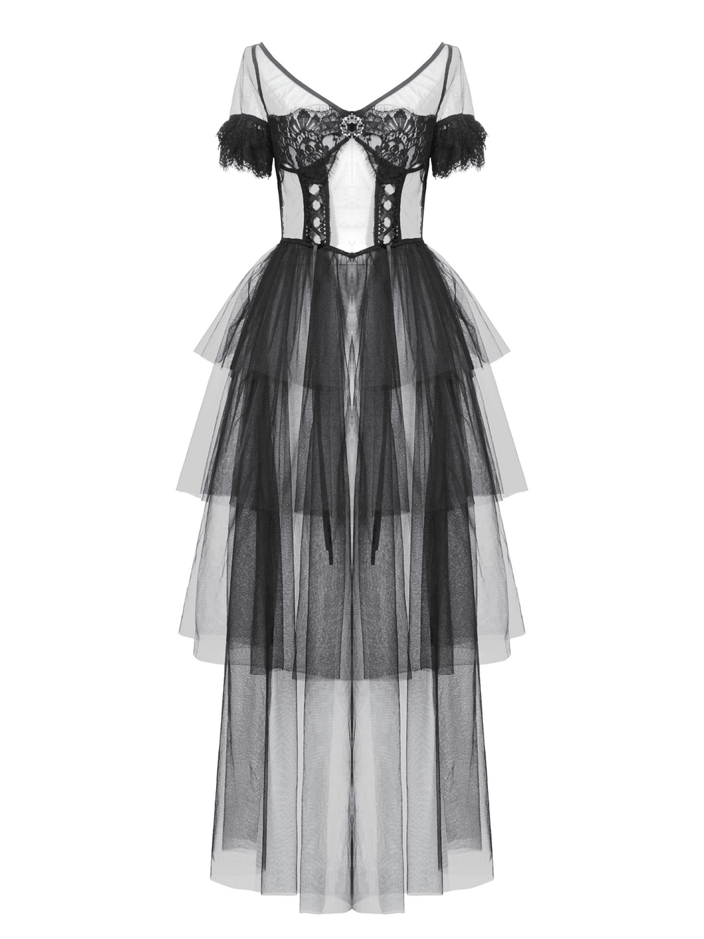 Sexy Black Tulle Gothic Dress with Lace Details and Layers - image 4