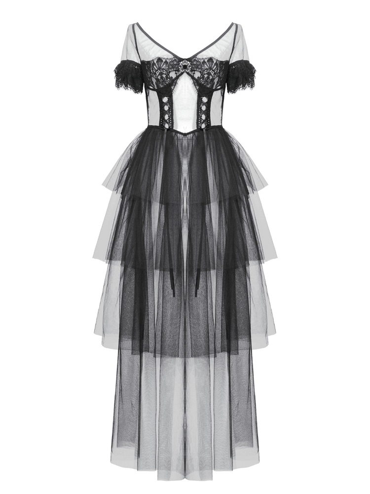 Sexy Black Tulle Gothic Dress with Lace Details and Layers - image 4