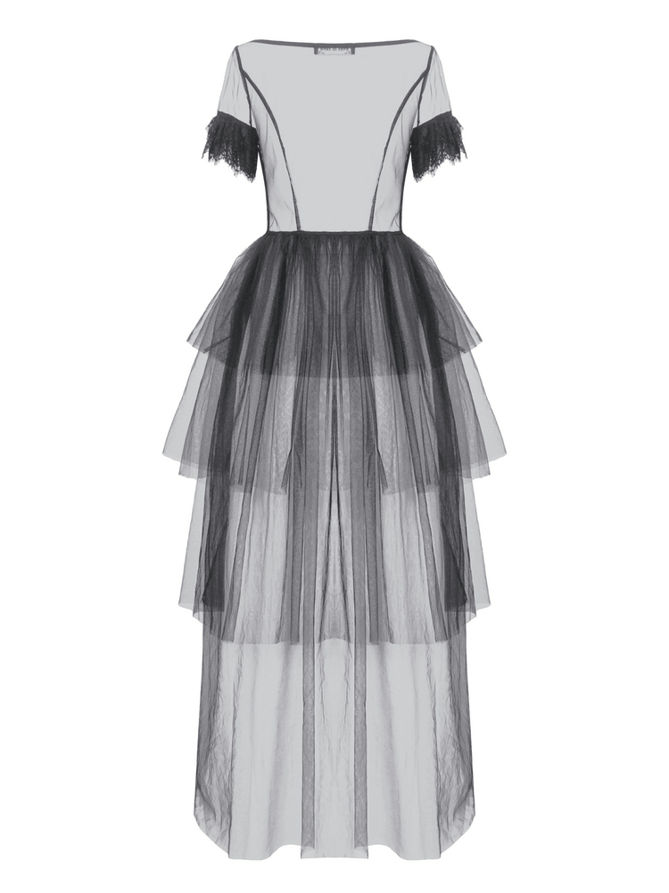 Sexy Black Tulle Gothic Dress with Lace Details and Layers - image 5