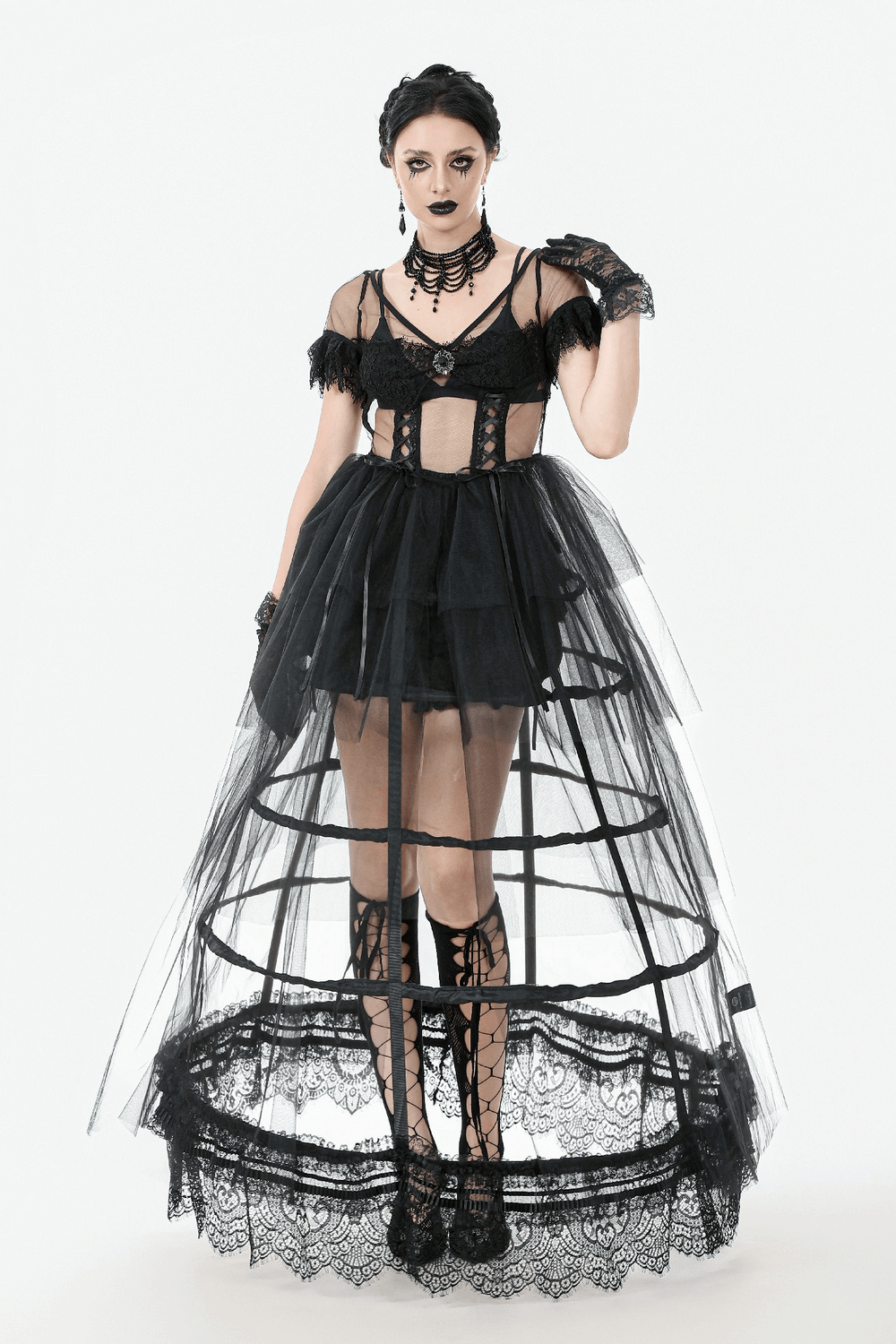 Sexy Black Tulle Gothic Dress with Lace Details and Layers - image 14