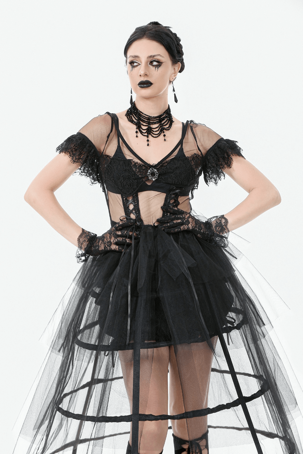 Sexy Black Tulle Gothic Dress with Lace Details and Layers - image 10