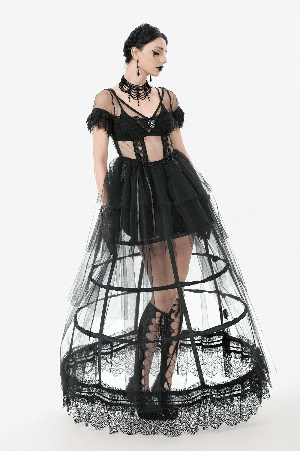 Sexy Black Tulle Gothic Dress with Lace Details and Layers - image 11