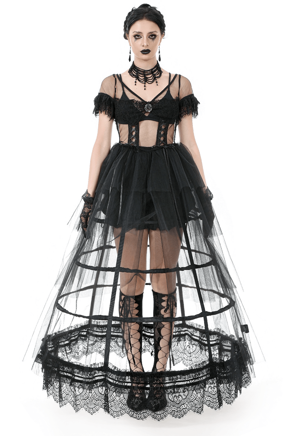 Sexy Black Tulle Gothic Dress with Lace Details and Layers - image 1