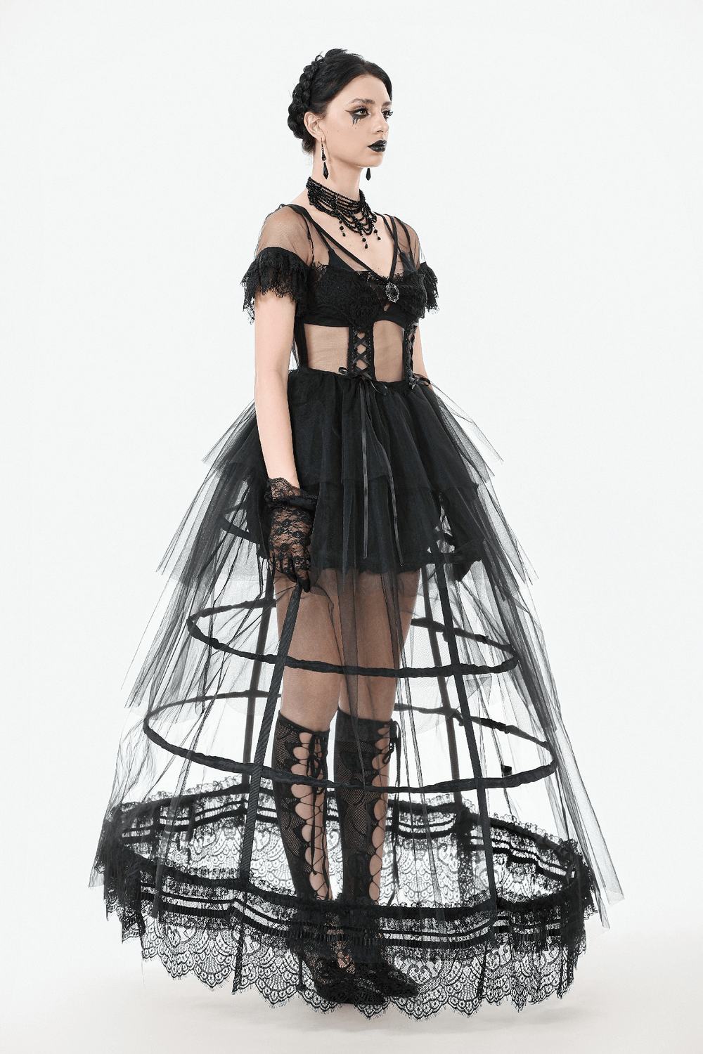 Sexy Black Tulle Gothic Dress with Lace Details and Layers - image 12