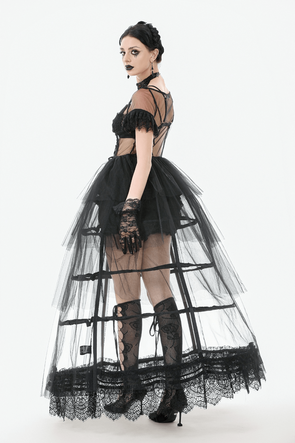 Sexy Black Tulle Gothic Dress with Lace Details and Layers - image 13