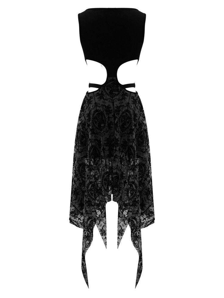 Sexy Black Vintage Pattern Irregular Dress / Gothic Women's Dress With Metal Hearts on Straps - image 5