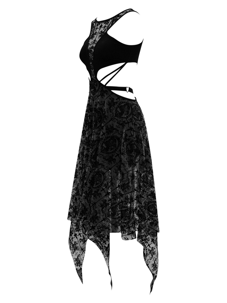 Sexy Black Vintage Pattern Irregular Dress / Gothic Women's Dress With Metal Hearts on Straps - image 4