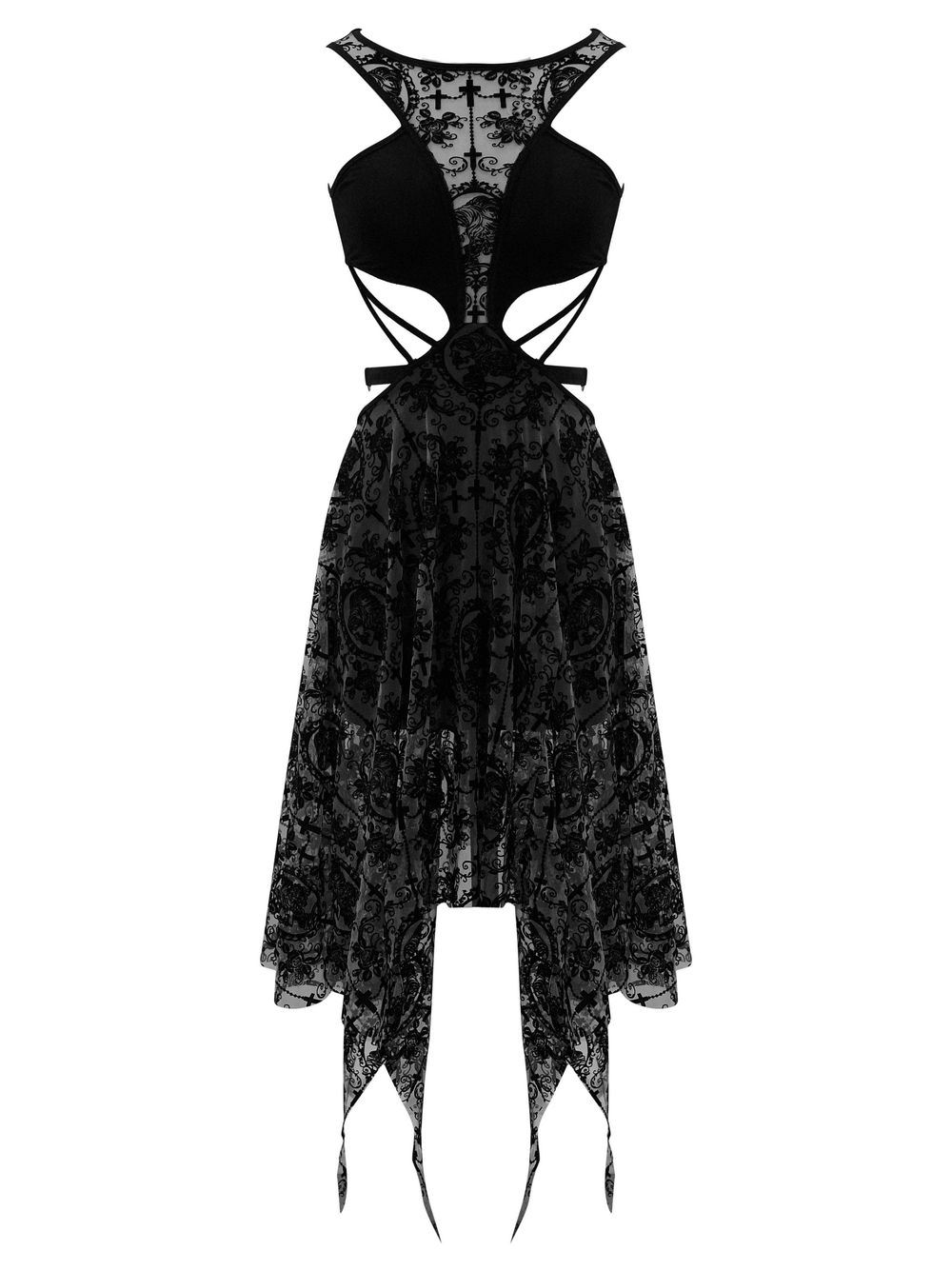 Sexy Black Vintage Pattern Irregular Dress / Gothic Women's Dress With Metal Hearts on Straps - image 3