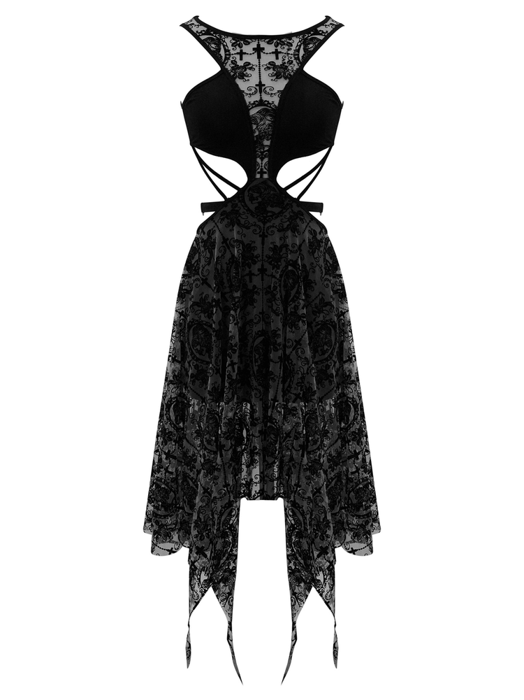 Sexy Black Vintage Pattern Irregular Dress / Gothic Women's Dress With Metal Hearts on Straps - image 3