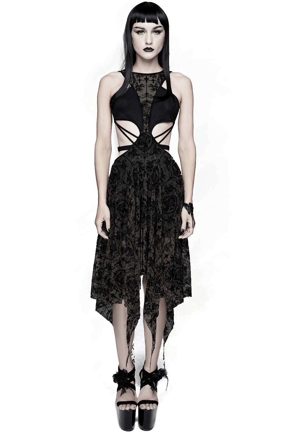 Sexy Black Vintage Pattern Irregular Dress / Gothic Women's Dress With Metal Hearts on Straps - image 1