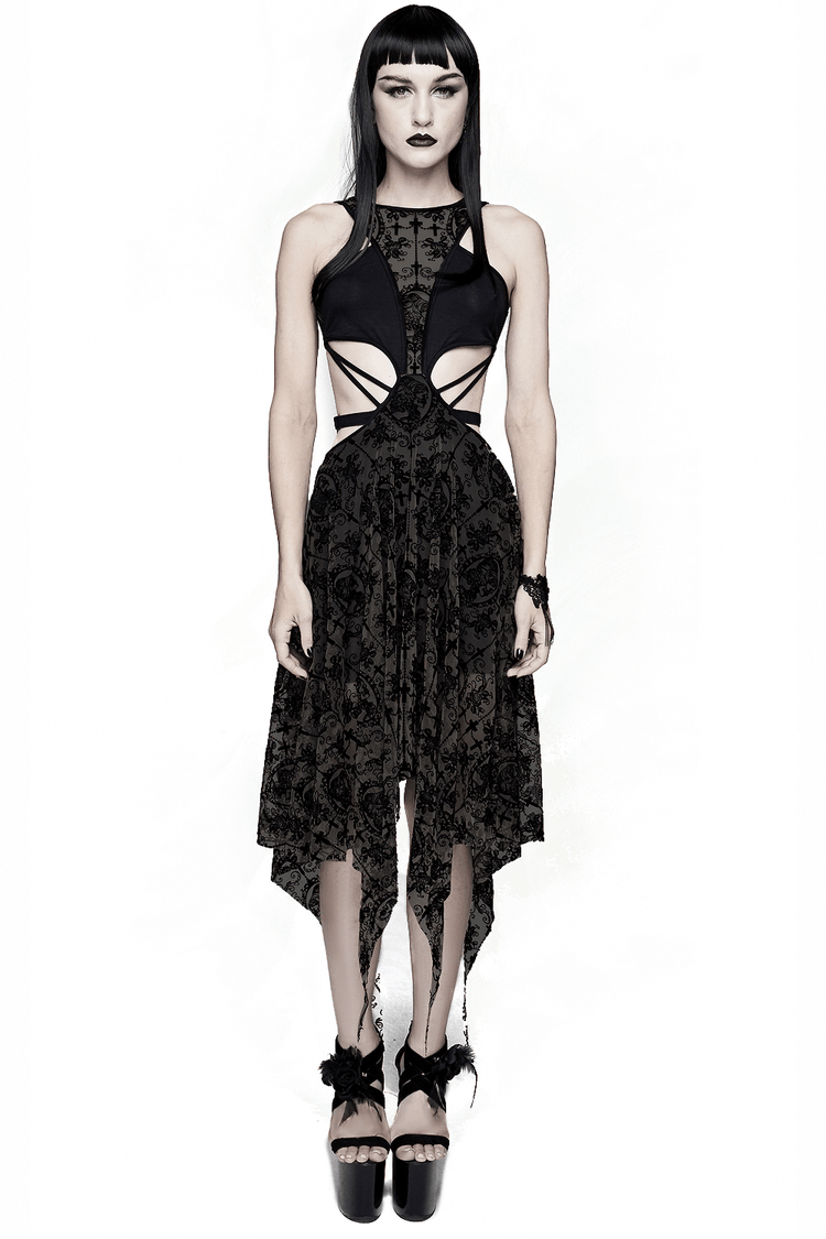 Sexy Black Vintage Pattern Irregular Dress / Gothic Women's Dress With Metal Hearts on Straps - image 1