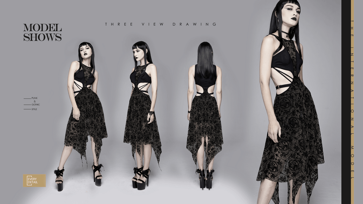 Sexy Black Vintage Pattern Irregular Dress / Gothic Women's Dress With Metal Hearts on Straps - image 13