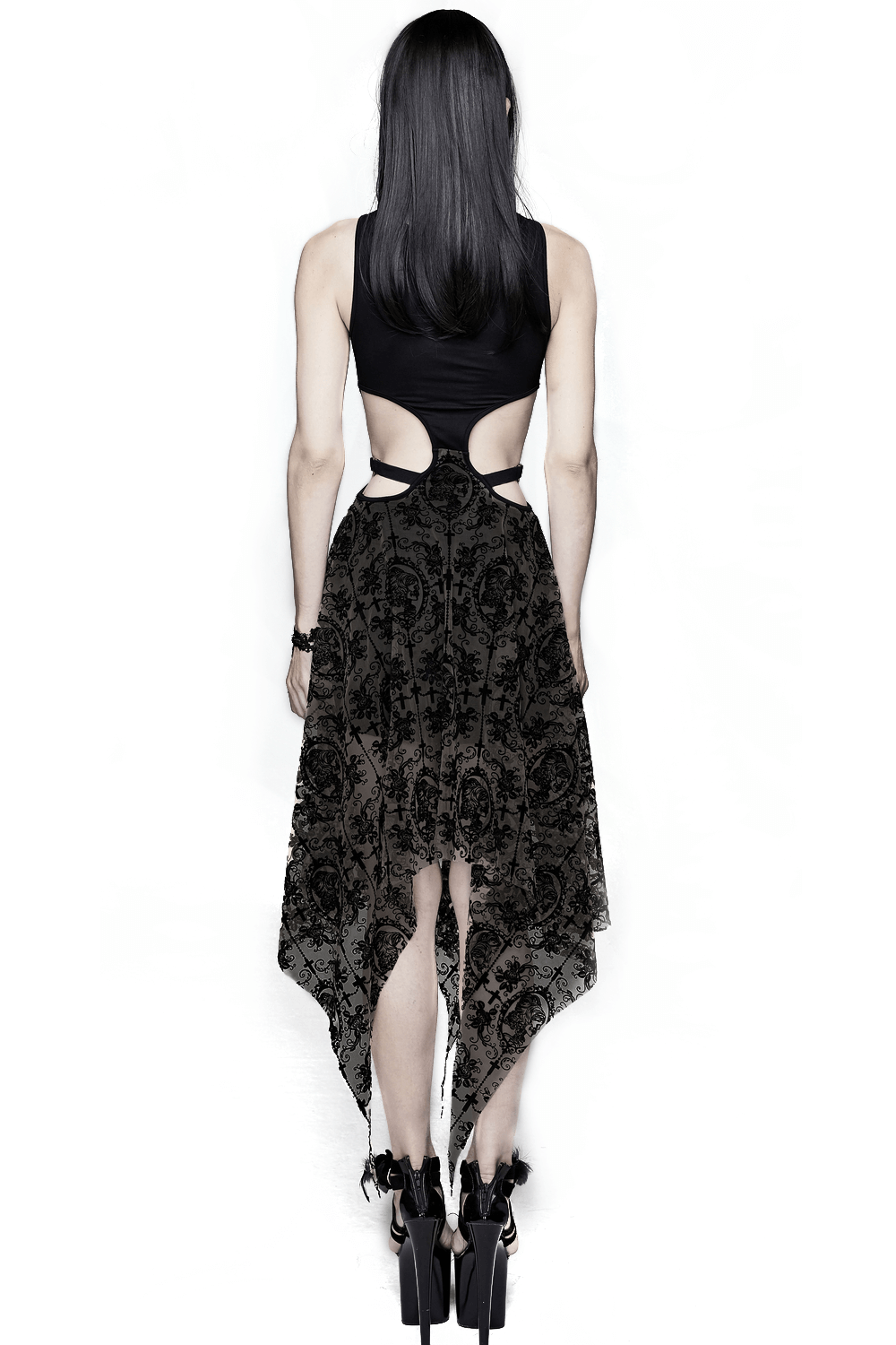 Sexy Black Vintage Pattern Irregular Dress / Gothic Women's Dress With Metal Hearts on Straps - image 2