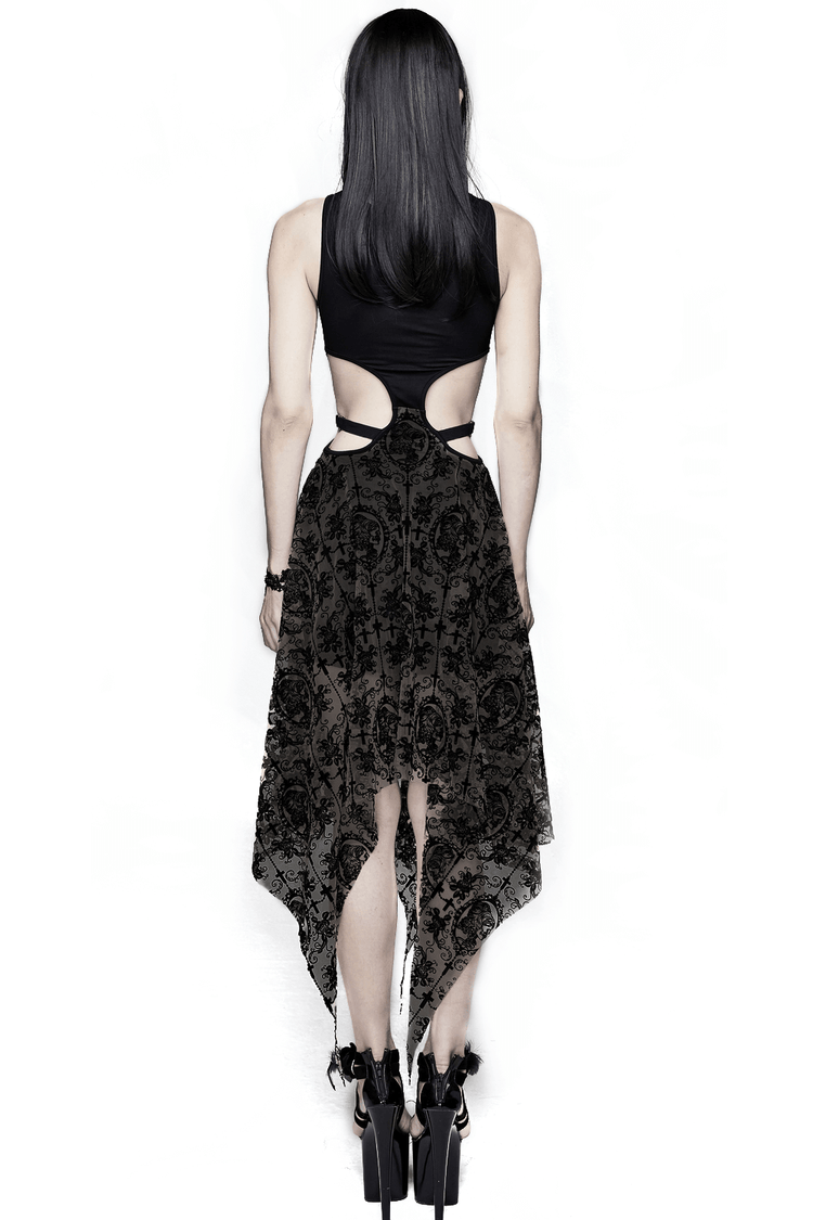 Sexy Black Vintage Pattern Irregular Dress / Gothic Women's Dress With Metal Hearts on Straps - image 2