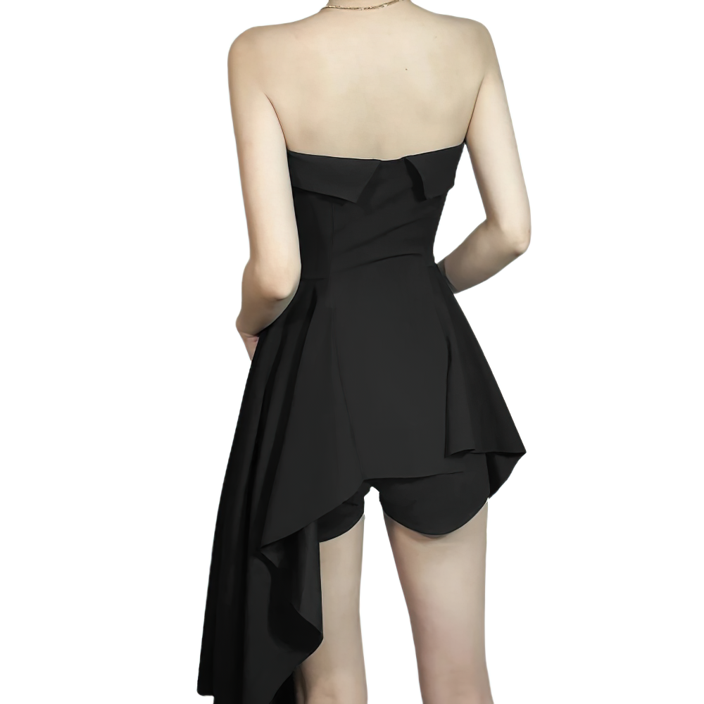 Sexy Black Women's Asymmetrical Dress / Fashion Beautiful Strapless Mini Dress with Shorts - image 2