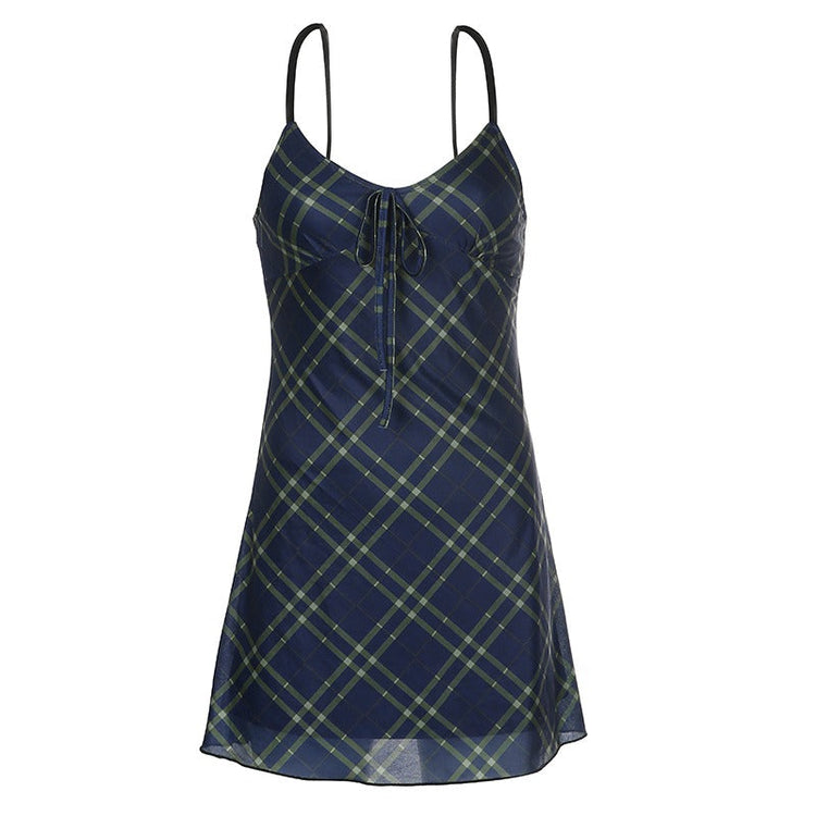 Sexy Bow Lace-Up Mini Dress in Grunge Style / Women Double Layer Mesh Backless Plaid Dress - image 3