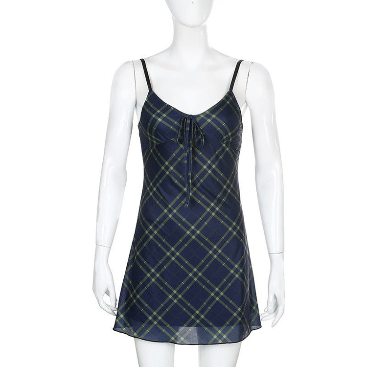 Sexy Bow Lace-Up Mini Dress in Grunge Style / Women Double Layer Mesh Backless Plaid Dress - image 4
