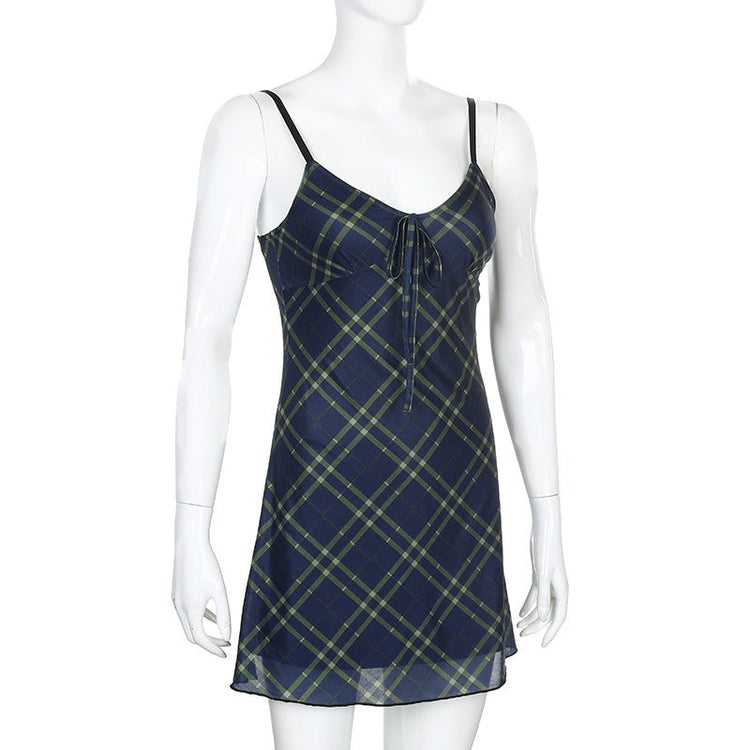 Sexy Bow Lace-Up Mini Dress in Grunge Style / Women Double Layer Mesh Backless Plaid Dress - image 5