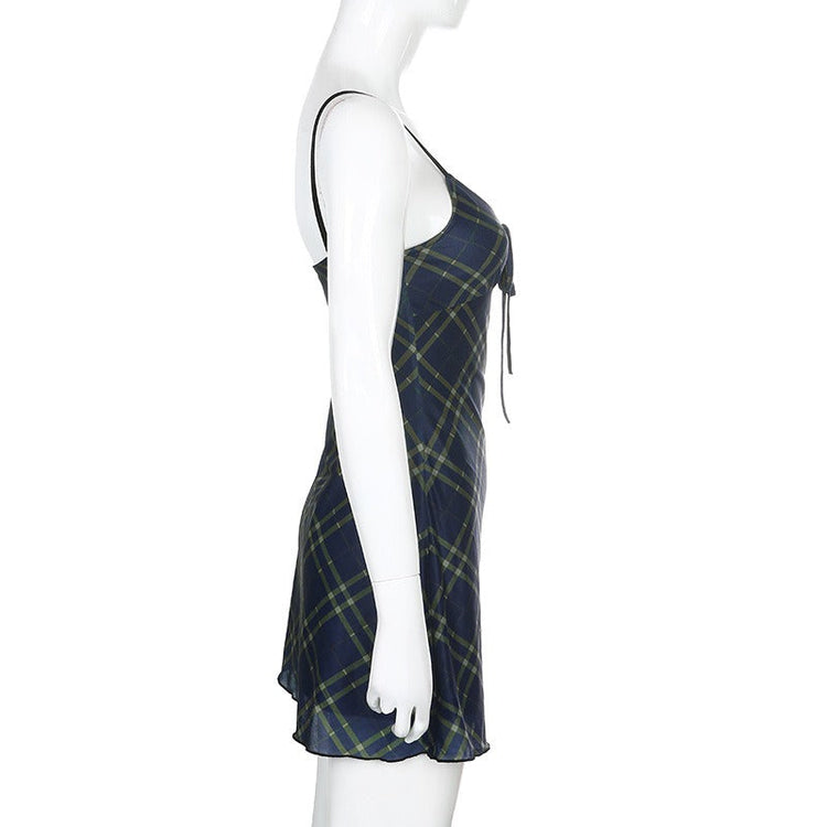 Sexy Bow Lace-Up Mini Dress in Grunge Style / Women Double Layer Mesh Backless Plaid Dress - image 6