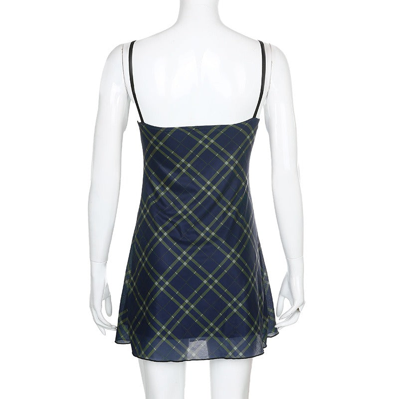 Sexy Bow Lace-Up Mini Dress in Grunge Style / Women Double Layer Mesh Backless Plaid Dress - image 7