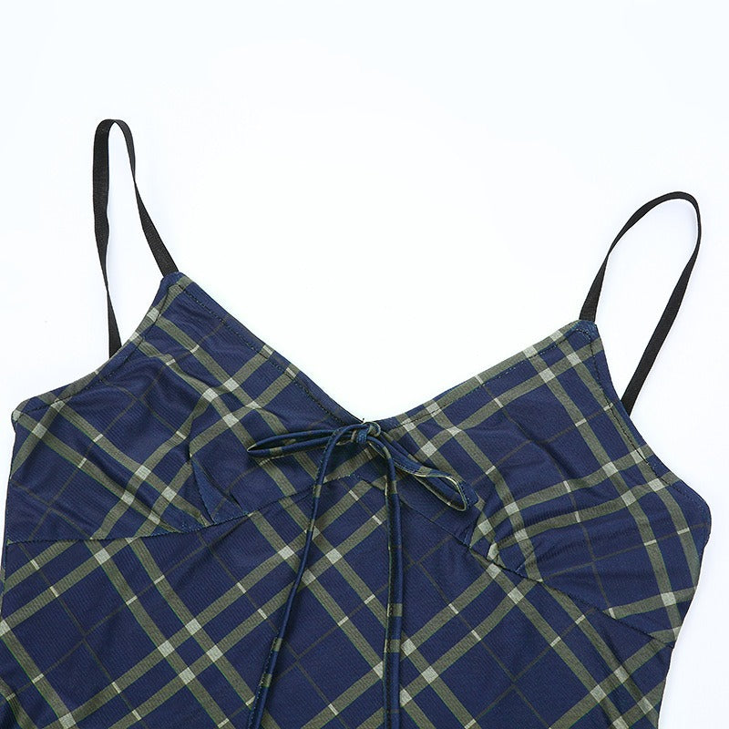 Sexy Bow Lace-Up Mini Dress in Grunge Style / Women Double Layer Mesh Backless Plaid Dress - image 8