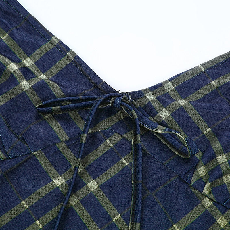 Sexy Bow Lace-Up Mini Dress in Grunge Style / Women Double Layer Mesh Backless Plaid Dress - image 11